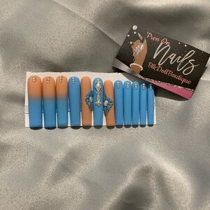 Blue and Tan Press-On Nails with Floral Design